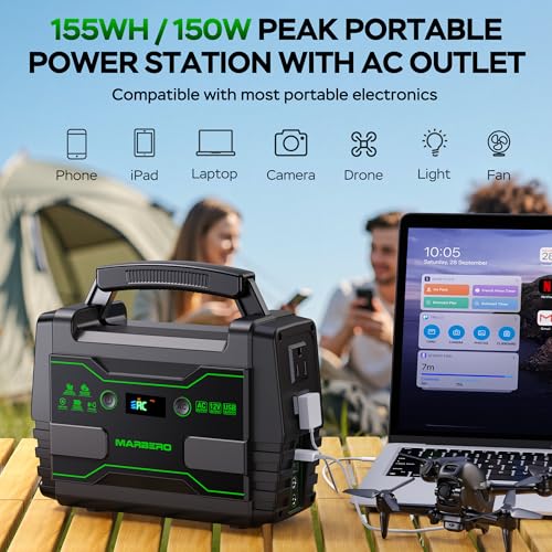 Image of MARBERO Portable Power Station 155Wh Camping Solar Generator 100W with AC DC and USB Outputs LED Fast Charge for Outdoor Adventure Hiking RV Home Blackout Backup CPAP Emergency (Solar Panel Optional)