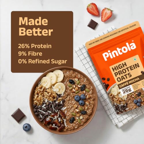 Image of PINTOLA 26g High Protein Oats 400g, Caffe Mocha, No Refined Sugar, with Almonds & Raisins, High Fibre, Rolled Oats, Breakfast Cereals | Gluten Free