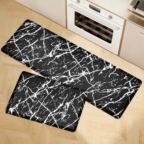 UKISS marbling Kitchen Rugs, Cushioned Kitchen Mats, Anti Fatigue Mat for Floor, Waterproof Kitchen Rug，Non-Slip Comfort Standing Mat for Kitchen&Office (Black, 17.3 x 28 inches+17.3 x 47inches)