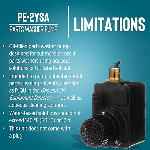 Little Giant PE-2YSA 115V, 1/40 HP, 300 GPH Polyester Submersible Parts Washer Pump with Conduit Fitting for Aqueous Solutions or UL-listed Solvents with 6-Ft. Plugless Power Cord, Black, 518550