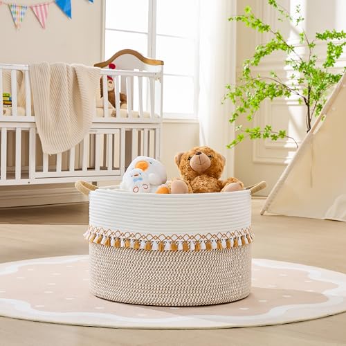 Image of KAKAMAY Cotton Rope Storage Basket (20 inchx13 inch),Woven Hamper for Blankets,Toys,Pillows,Clothes,Laundry,Sturdy Handles Decorative Basket for Living Room, Bedroom,Nursery(Brown /Grey)