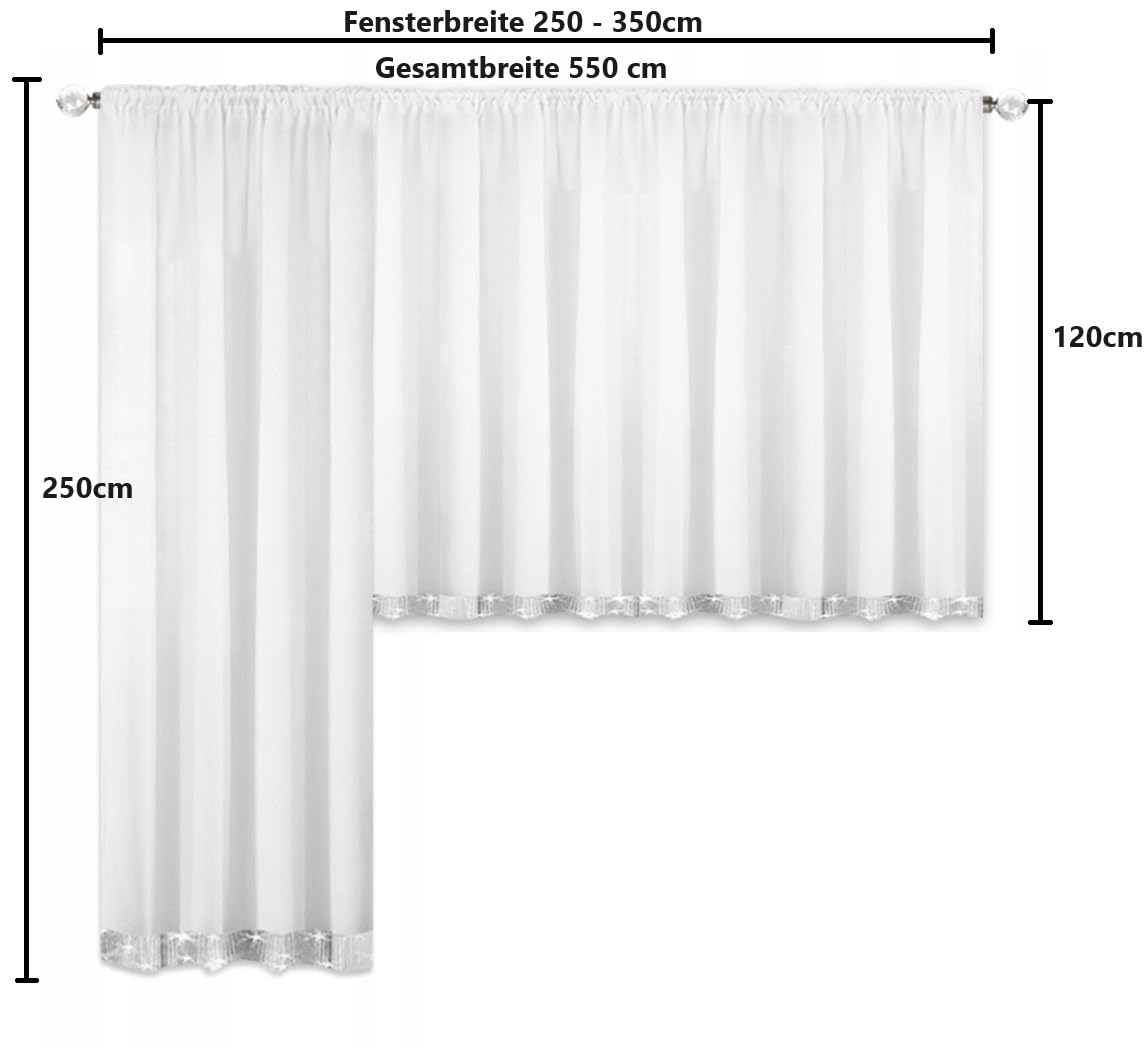 FKL DESIGN Home Deco LB-184 Rideau de balcon prêt à poser en voile avec zircons scintillants et galon fronceur long moderne Blanc 250 x 550 cm