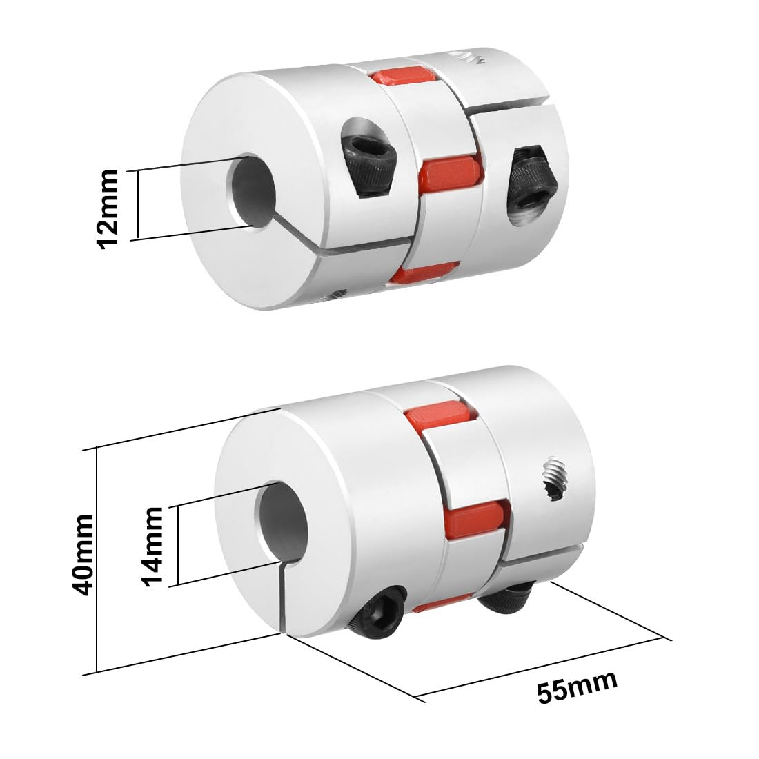 sourcing map Coupleur Arbre 12mm à 14mm Alésage L55 x D40 Flexible Accouplement Joint pour Servo Moteur Pas à Pas