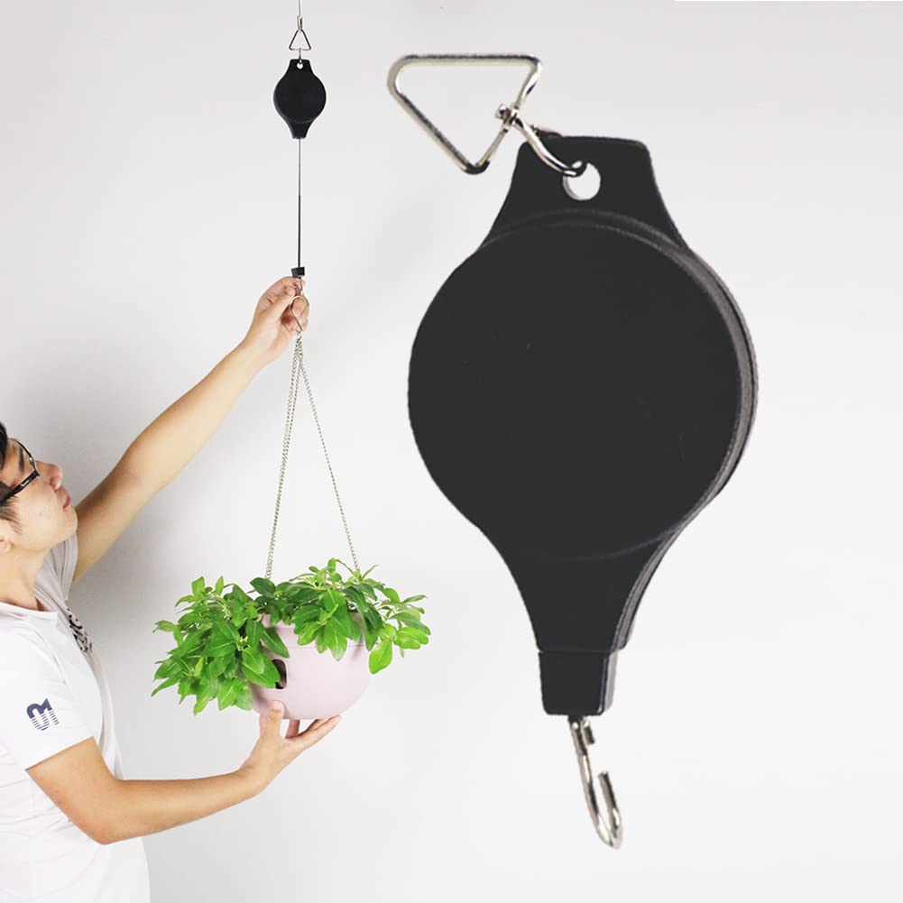 Rierdge Puleggia Retrattile Regolabile Per Appendere Piante - Con Gancio Da Soffitto, Carico Max 10kg, Corda 90cm, Per Piante E Mangiatoie, Colore Nero