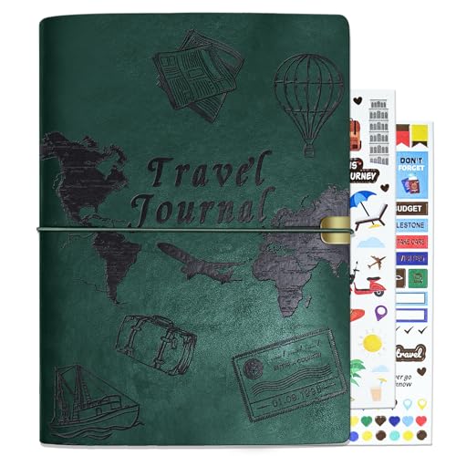 Image of Travel Journal for Women Men and Couples, Leather Travel Notebook with Prompts, Travel Memory Book & Adventure Book (Green)
