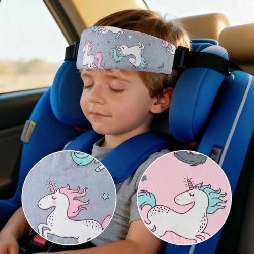 Image of Luckyiren Fantasy Unicorn Baby Car Seat Head Support Strap, Pink & Grey, Cotton, 2 Pack, Adjustable Headrest Band for Stroller, Infant to Toddler