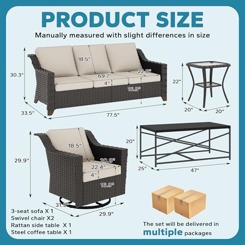 Image of 5 Piece Patio Furniture Set, Wicker Outdoor Conversation Set | Patio Chair Set with Olefin Removable Cushion, All-Weather Outdoor Couch with Deep Seat for Porch, Deck and Backyard, Beige