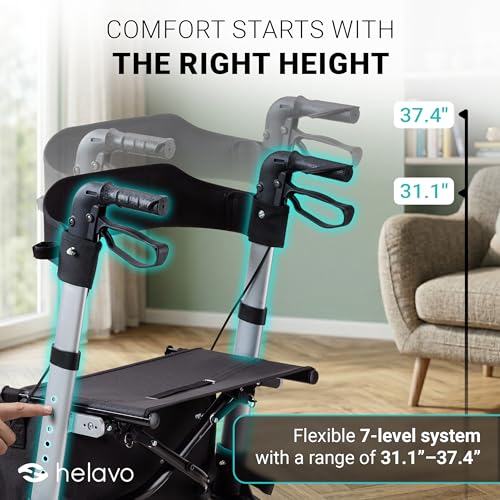 Image of Helavo Foldable Rollator with Seat - Lightweight Aluminum Rolling Walker for Seniors and Adults