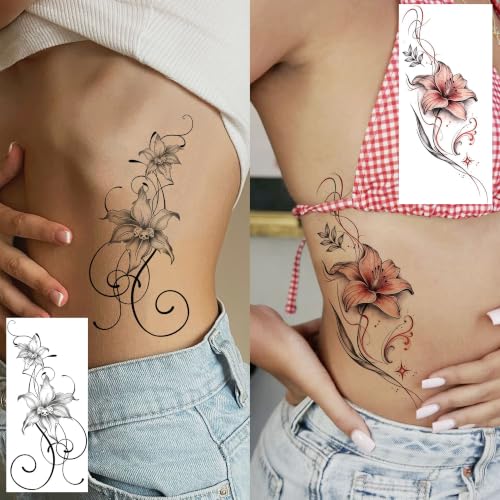 Image of VANTATY 12 Sheets Beautiful Lily Temporary Tattoos For Women Adults Arm Leg Waist Tattoo Sticker, Realistic 3D Rose Butterfly Fake Flower Tattoos Body Art Makeup Decals Waterproof Long Lasting Tatoos
