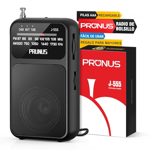 PRUNUS J-555 Am/FM Radio Portatil Pequeña Recargable, Radios Pequeña Pilas, con Toma de Auriculares, Carga USB-C, Transistor Radio de Bolsillo con Clip y cordón para Correr, Acampar. (Negro)