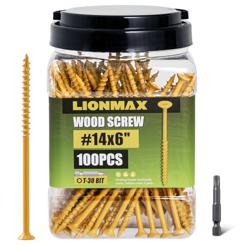 Image of LIONMAX Deck Screws #14 x 6 Inch, 100 PCS, Long Wood Screw, Rust Resistant, Exterior Epoxy Coated for Outdoor Decking, Torx /Star Drive Head, T30 Star Bit Included