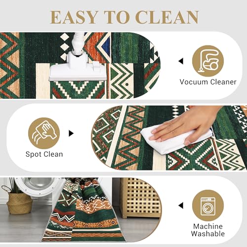 GarveeHome Vintage Living Room Rug 8x10 Green Area Rugs Machine Washable Geometric Patchwork Carpet, Non-Slip Non-Shedding Foldable Tribal Floor Cover for Bedroom, Classroom, Dining Room, Kid Playroom