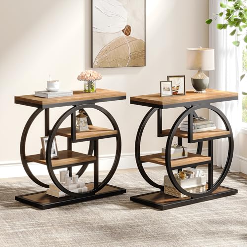 Image of Tribesigns End Table Set of 2, 4-Tier Narrow Side Table with Storage Shelves, Wood Small Sofa Side Table with Geometric Metal Frame, Industrial Bedside Table for Bedroom, Living Room, Natural Brown