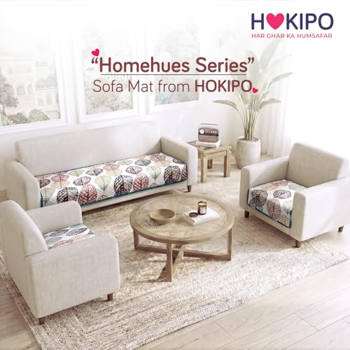 Image of HOKIPO 'Homehues Series' Printed Quilted Sofa Cover 5 Seater Set - Washable 3+1+1 Sofa Cover Mat, Multicolor Linden Leaf (IN-806 * 2 + IN-809 - D7)