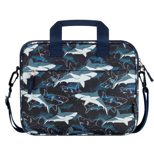 Choco Mocha Kids Tablet Sleeve Bag for Boys, 12.5 Inch Tablet Carrying Case for Fire 7 8 10 HD 8 10, Chromebook, Kindle Kids Edition, iPad Bag for Kid, Shark Navy Blue