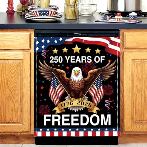 Image of 4th of July Patriotic Dishwasher Magnet Cover, 250 Years Anniversary Dishwasher Magnet Covers American Flag USA Dishwasher Sticker Summer Dish Washer Magnets Kitchen Refrigerator Fridge Panel Decal