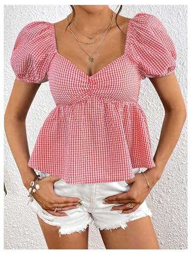 SweatyRocks Women's Puff Sleeve Plaid Gingham Ruffle Sweetheart Neck Peplum Shirt Top Blouse4