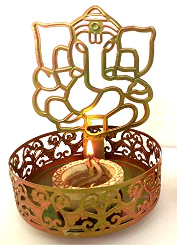eCraftIndia Shadow Ganesh Ji Metal Tea Light Holder (8 cm x 8 cm x 11 cm, Brown)