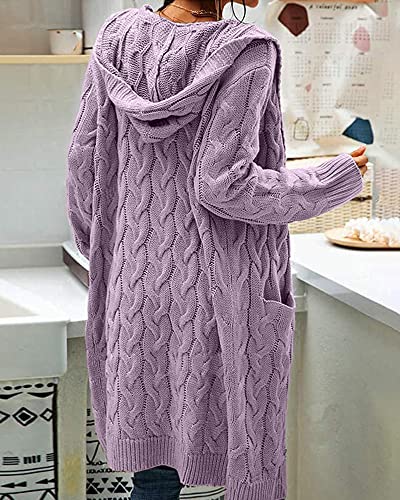 Image of Bwogeeya Women Hooded Open Front Cardigan Cable Knit Sweaters Solid Color Chunky Long Sweater Coats Light Purple