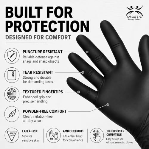 Image of AM SAFE-X Powder Free Black Nitrile Hand Gloves 80pcs Large | Food Grade Heavy Duty Disposable Gloves | Textured Grip| Single Use | Cleaning, Kitchen, Tattoo, Salon, Automotive & Examination Gloves