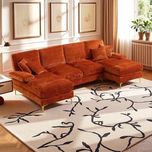 Seyakany Sofá modular moderno, sofá en U con dos sillones reclinables, sofá Relax de 4 plazas, adecuado para sala de estar, dormitorio, oficina, casa, oruga, naranja