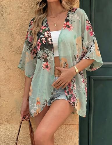 Image of Chunoy Women Floral Beach Wear Cover Up Chiffon Kimono Cardigan Open Front Blouse Top