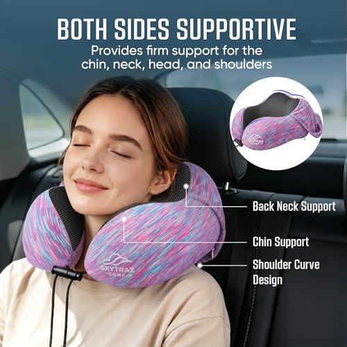 Image of SkytraxComf Travel Neck Pillow with Hood for Privacy on Long Flights | Memory Foam | Airplane Sleep | Safety-Tested Materials | Extra Large Hood | Chin Support | Earplugs | Washable Cover