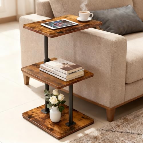 LAIDUOLEOE Swivel Side Table Adjustable Height 3-Tier End Table with 360Rotatable Tray Space Saving Nightstand with Storage Shelf for Small Spaces Living Room Bedroom