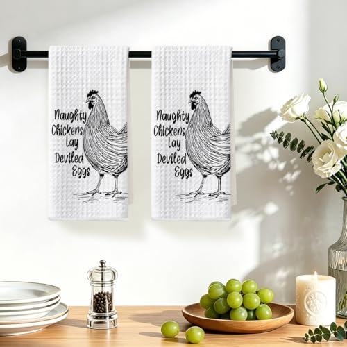 Image of 2 Pcs Funny Chicken Kitchen Towels 24x14 Inch, Chicken Lovers Gifts Reusable Dish Towels for Kitchen Home Farmhouse Decor, Waffle Weave Hand Cloth Tea Towel, Humorous Gifts for Women Men Friend