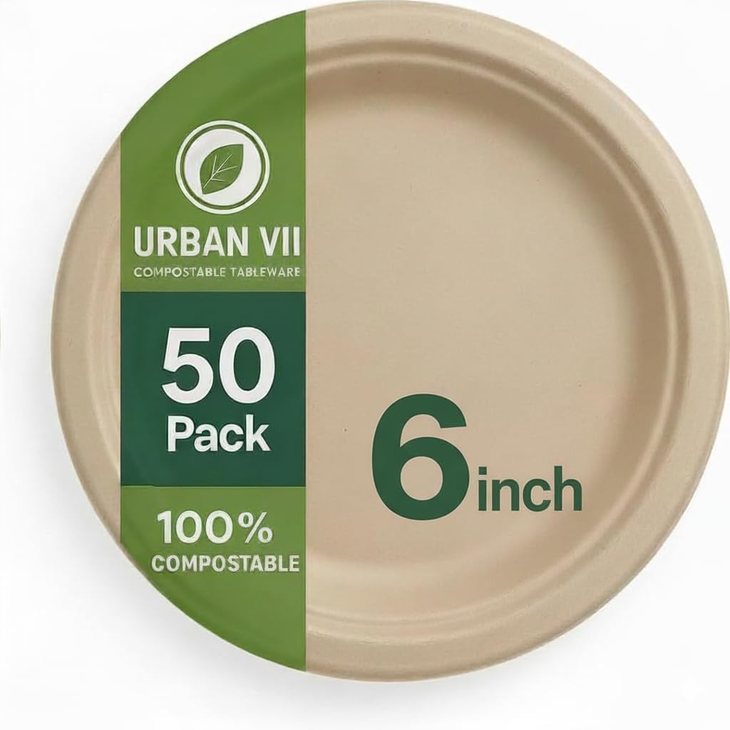 6-inch Compostable Plates [250-Pack] – Beige Disposable Bagasse Paper, Heavy Duty, Microwave Safe, Grease Resistant, Eco Friendly (PFAS-Free) – Great for Parties, Picnics & Desserts (50, 8-Inch)