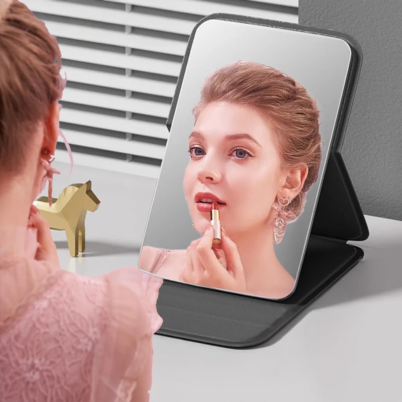 Espelho de maquiagem pessoal portátil portátil dobrável cor sólida couro PU simples mini compacto bonito espelho de bolso, preto (7 * 10,5 cm)