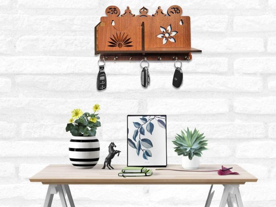 Image of OM Yoga Design MDF Wood Wall Mounted Key Holders Mobile Stand for Wall Decor Wooden Keys Hanger Stylish Hook Stand Key Organizer for Home Decor, Office Decor Key Chain Holders for Wall