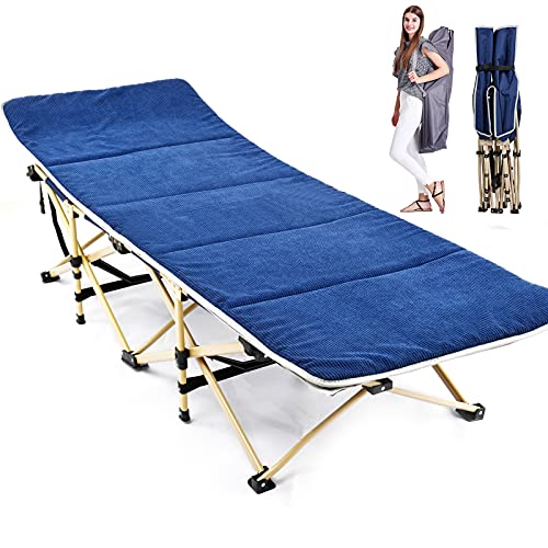 Folding Camping Cots for Adults, Folding Cots Heavy Duty Wide Sleeping Cots with Carry Bag, Portable Travel Camp Cots Foldable Bed Military Cot (Blue with Corduray Mat)