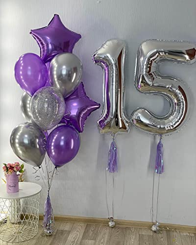 Image of 40 Inch Silver 15 Number Balloons Giant 15 or 51 Balloons Silver Birthday 15 Balloons 15th Birthday Anniversary Party Decorations Supplies