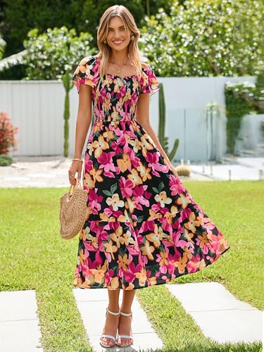 Simplee Womens Summer Floral Maxi Dress Flowy Flutter Sleeve Smocked Wedding Guest Square Neck A Line Tiered Casual Dresses Black Rose — view 2