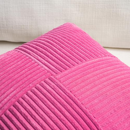 Image of Fancy Homi 2 Packs Hot Pink Decorative Throw Pillow Covers 16x16 Inch for Living Room Couch Bed Sofa, Rustic Farmhouse Boho Home Decor, Soft Corss Patchwork Corduroy Textured Cushion Case 40x40 cm