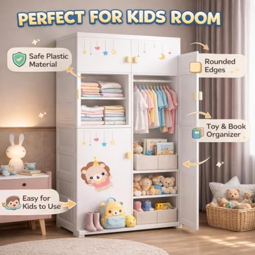 Image of Kids Plastic Collapsible Wardrobe Organizer for Storage with Drawers | Cute Cartoon Design | Heavy Duty Runner Rug Floor Mat Carpets Organizer Bedroom, Living Room (Hm-Lion, 4-Door)