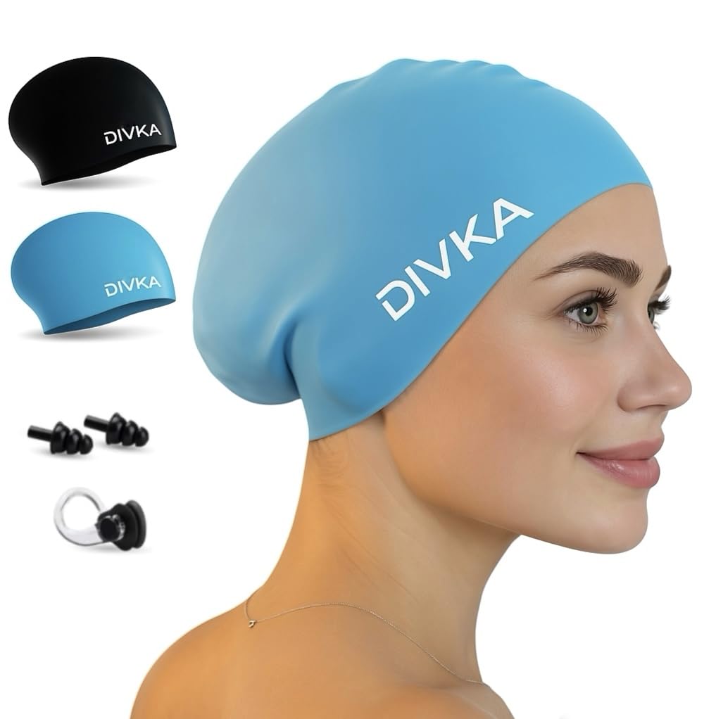 2-Pack Premium Quality Silicone Swim Caps for Women, Men, Teens & Adults – Medium Size – Stretchable & Durable, Includes Ear Plugs & Nose Clip, Extra Room for Long Hair, Non-Slip & Waterproof