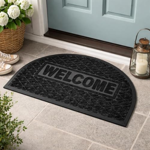 Image of DecorTwist PVC Door Mat 60x40 cm | Heavy Duty Indoor Outdoor Entrance Mat | Anti-Slip Rubber Back | Waterproof Dust & Dirt (Style 3 [ Black ], Half Round PVC Door Mat 80x40 cm, Pack of 2)