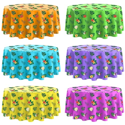 Image of Oudain 6 Pcs 84 inch Summer Round Hawaiian Tablecloths, Lagre Tropical Luau Plastic Table Covers with Palm Leaves & Hibiscus Flower, Aloha Tiki Beach Pool Party Decorations Supplies (Multicolor)