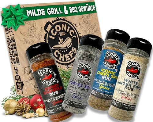 ICONIC CHEFS® Mexikanisches Mildes BBQ Rub Gewürze Set – Chipotle, Rauchsalz, Knoblauch & SPG –BBQ Grill Gewürze Geschenkset – Grillgewürze Geschenkset – Grill Geschenke für Männer – Grill Gewürze