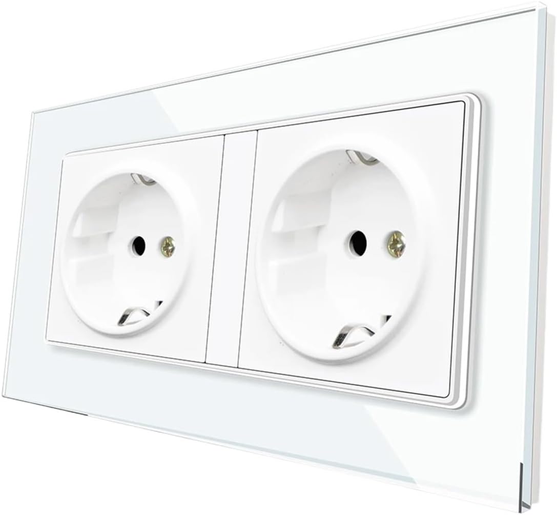 16A Wall Power Socket, AC 110V~250V Rectangular Socket,Gray Tempered Crystal Glass Panel, EU Standard Power Double Outlet(White)