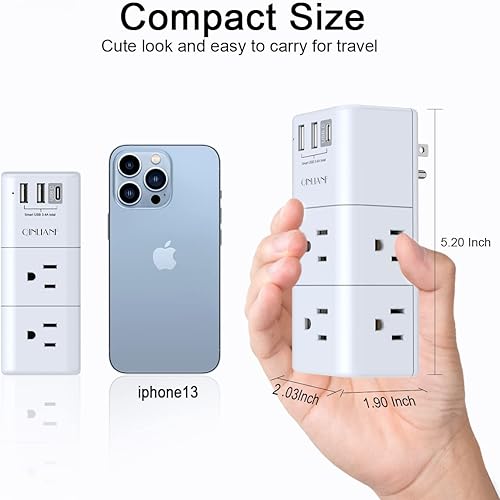 Miniatura 5 de QINLIANF - Extensor de salida USB, enchufe giratorio QINLIANF de 3 lados, 6 divisores de salida espaciados de CA y 3 puertos USB (1 USB C) para