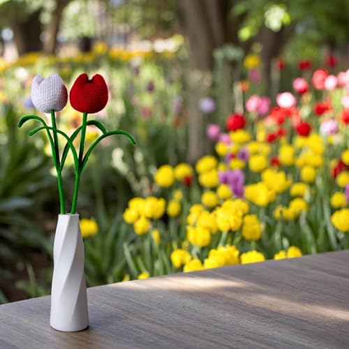 Image of Tulip Crochet Flowers | Handcrafted Artificial Faux Woolen Flower with Long Stem | Natural Looking Knitted Flower for Home, Living Room, Vase & Bouquet Decoration & Gifting | Red & White