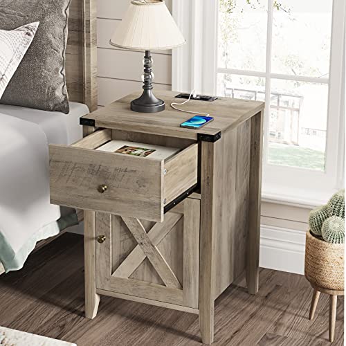 Itaar Farmhouse Rustic Nightstand Set of 2 with Charging Station, Farmhouse End Table with