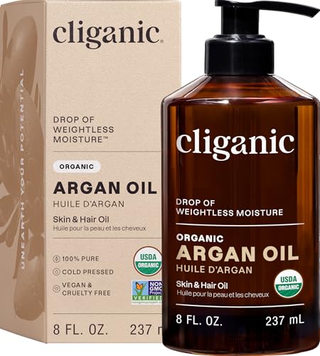 Cliganic Organic Argan Oil 8oz with Pump, 100% Pure - for Hair, Face & Skin
