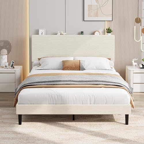 Garvee Full Size Bed Frame with USB Charging Station, Corduroy Upholstered Platform Bed Frame with Adjustable Storage Headboard, Wooden Slats Support,