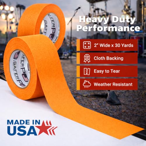 Image of Gaffer Power Proudly Made in The USA, Real Professional Grade Gaffer Tape, Heavy Duty Gaffers Tape, Non-Reflective, Multipurpose. 2 Inches x 30 Yards, Fluorescent Orange