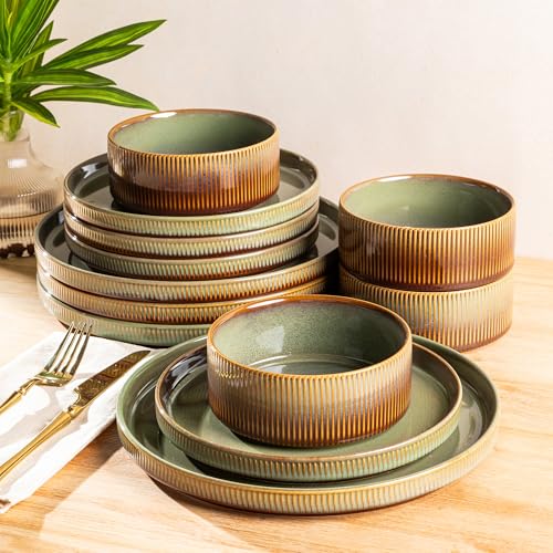 Image of TheTerra Ceramic Dinnerware Sets for 4, 12 Pieces Porcelain Lightweight Plates and Bowls Sets, Scratch Resistant Dish Set, Oven & Microwave & Dishwasher Safe, Sage Umber