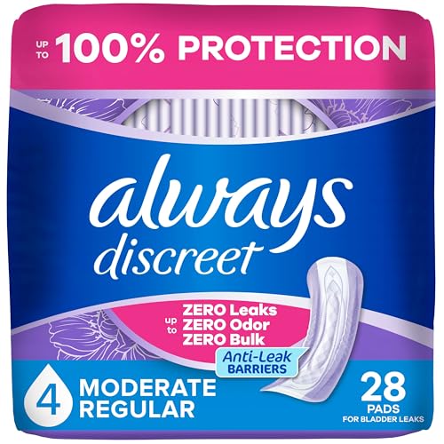 Always Discreet Adult Incontinence Pads for Women Moderate Absorbency Regular Length Postpartum Pads Up to 100% Bladder Leak Protection 28 Count